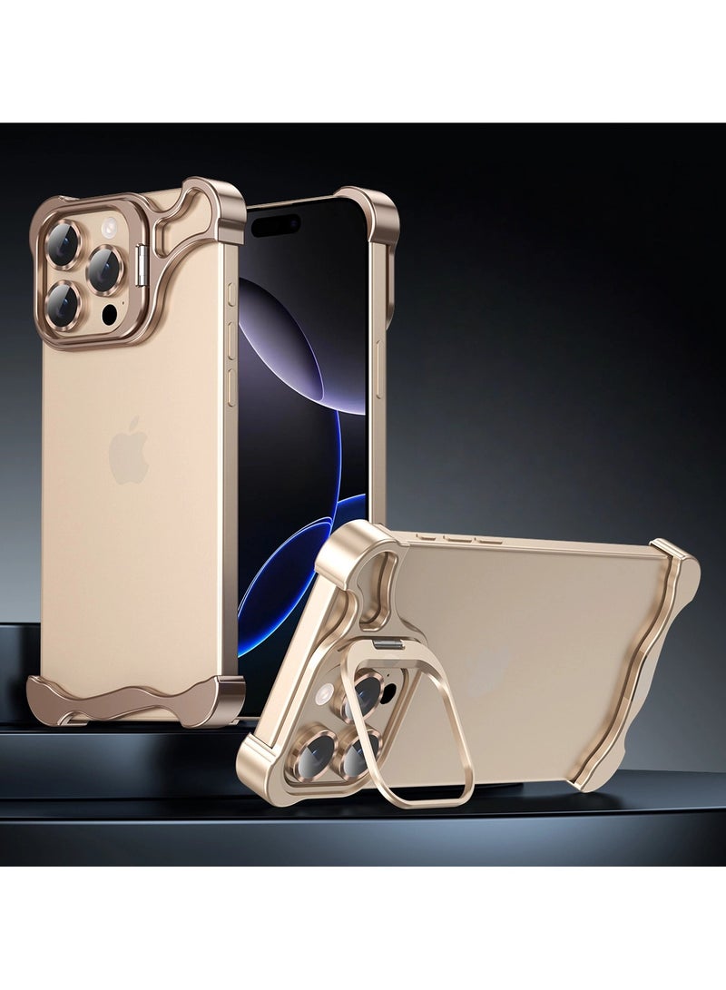 Suitable for iPhone 16 Pro Max, this frameless heat dissipation phone case features an irregular lens bracket protective case and a lightweight, slim shell that protects against drops.（gold）